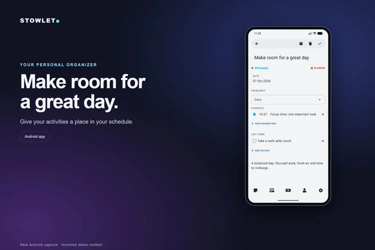 Stowlet Android planners screen with invented example content