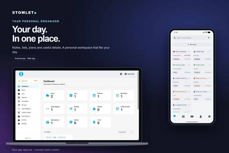 Stowlet Android workspace alongside the cross-platform Web/PWA dashboard with invented example items
