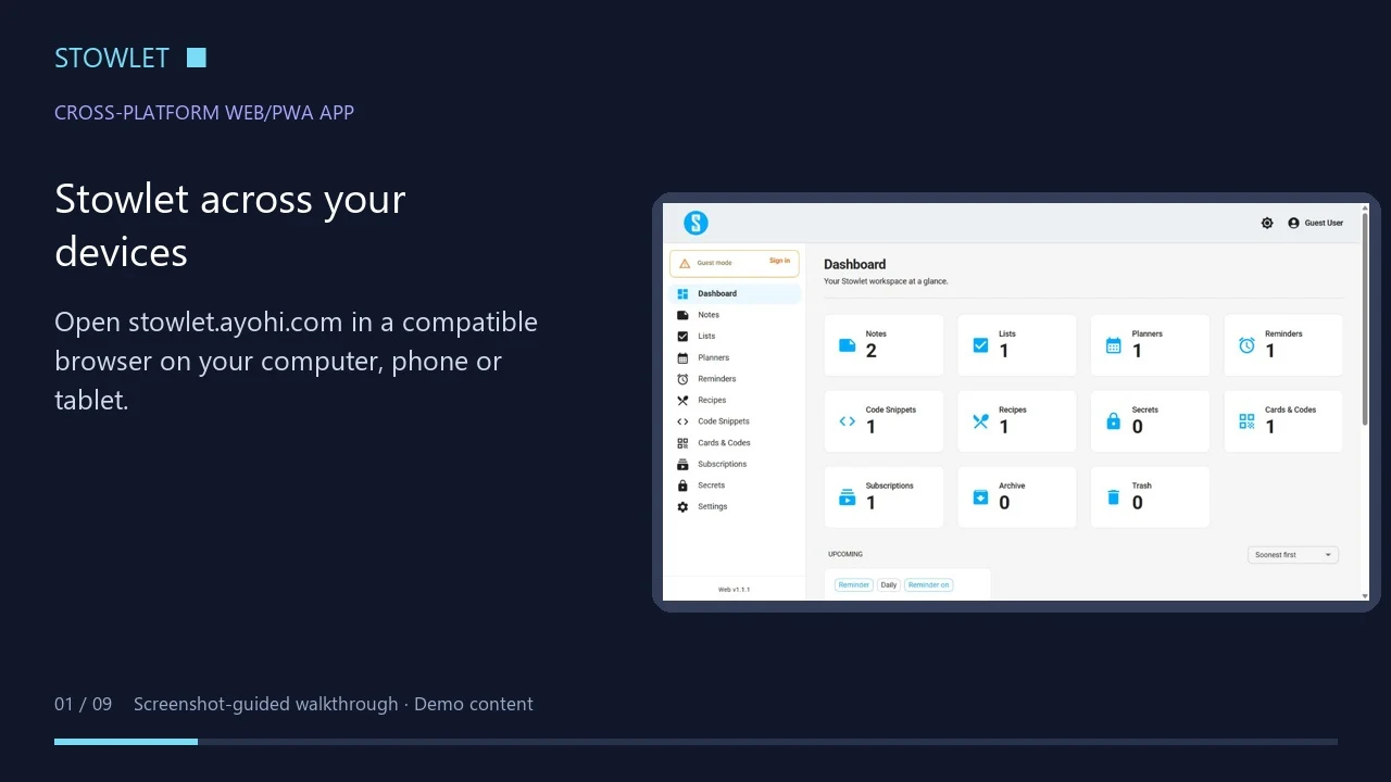 Preview of the Stowlet Cross-platform Web/PWA app tutorial