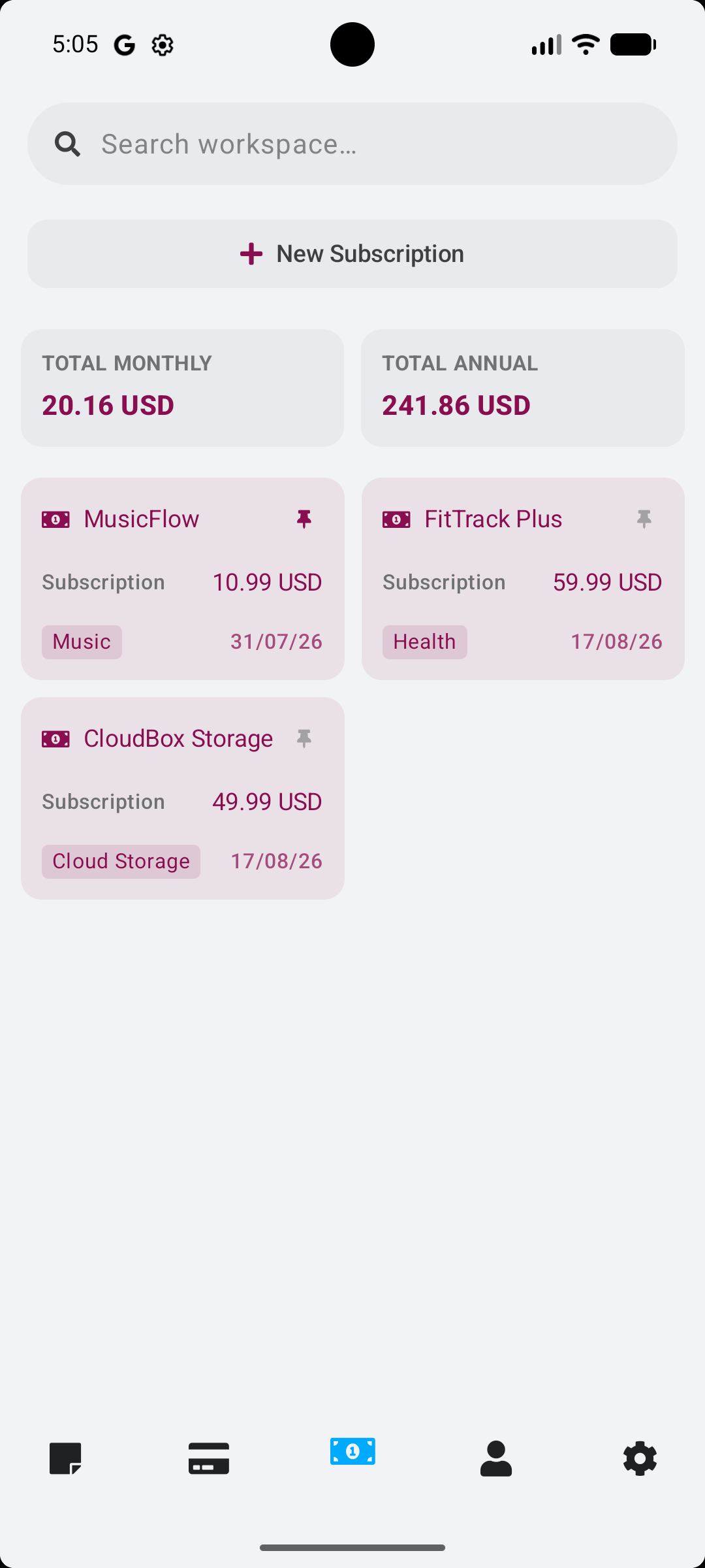 Stowlet subscriptions screen