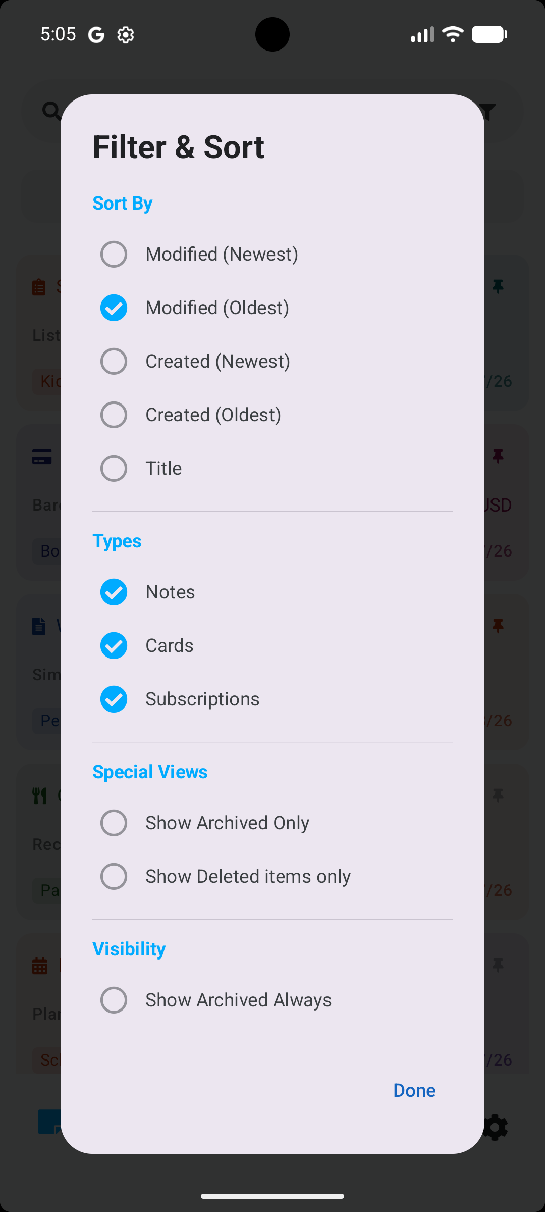 Stowlet filter and sort screen