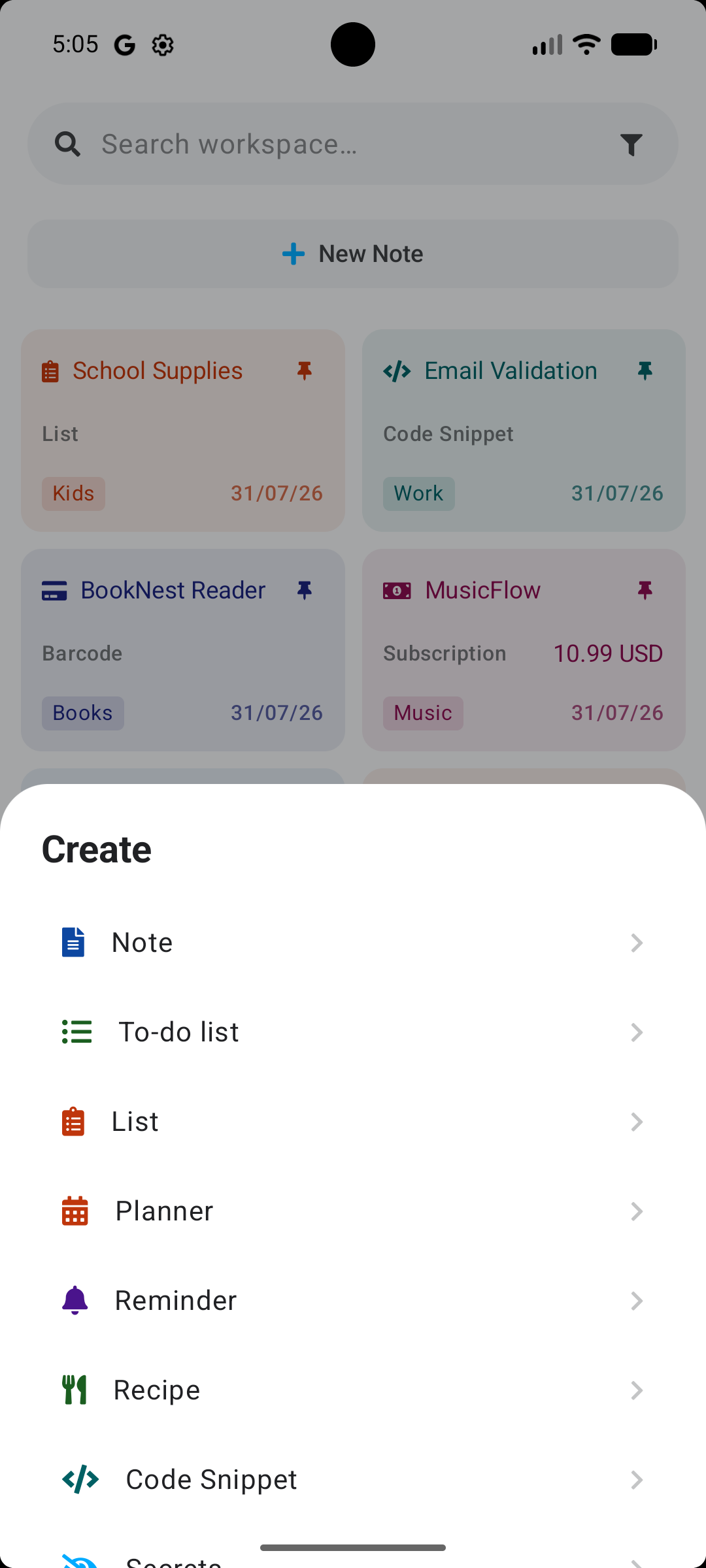 Stowlet notes main menu