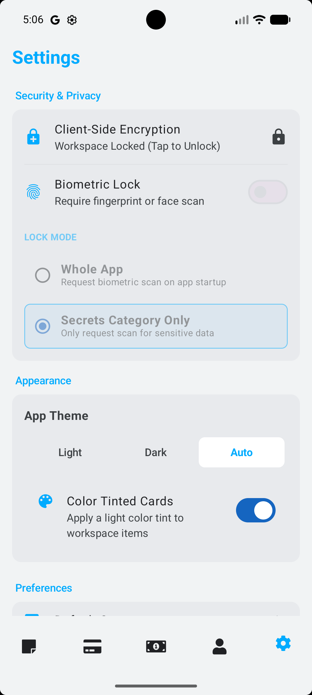 Stowlet encryption, biometrics, themes screen