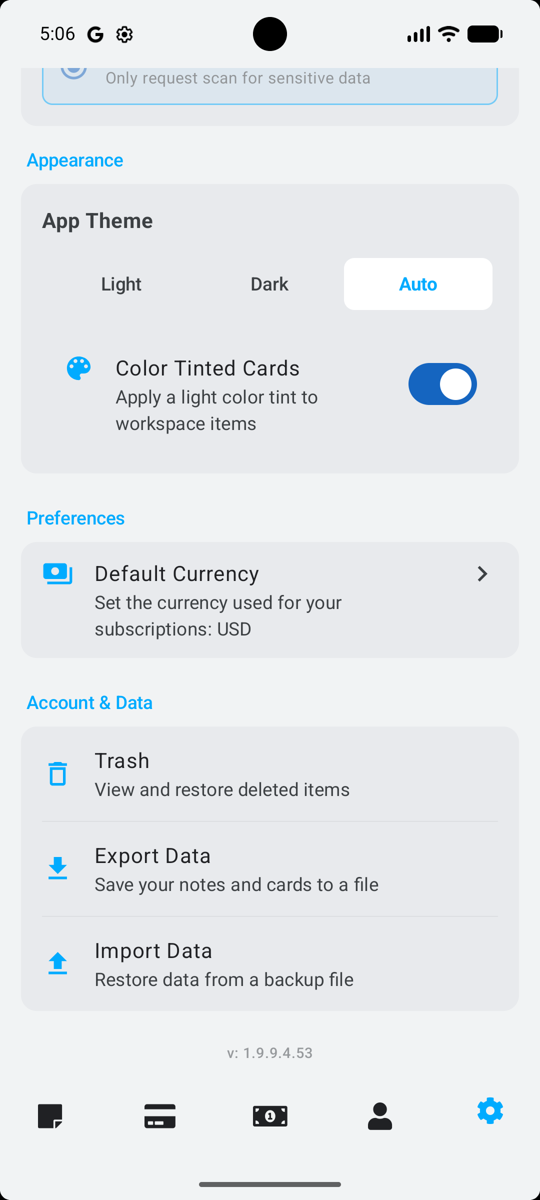 Stowlet themes, currency, trash, import and export screen