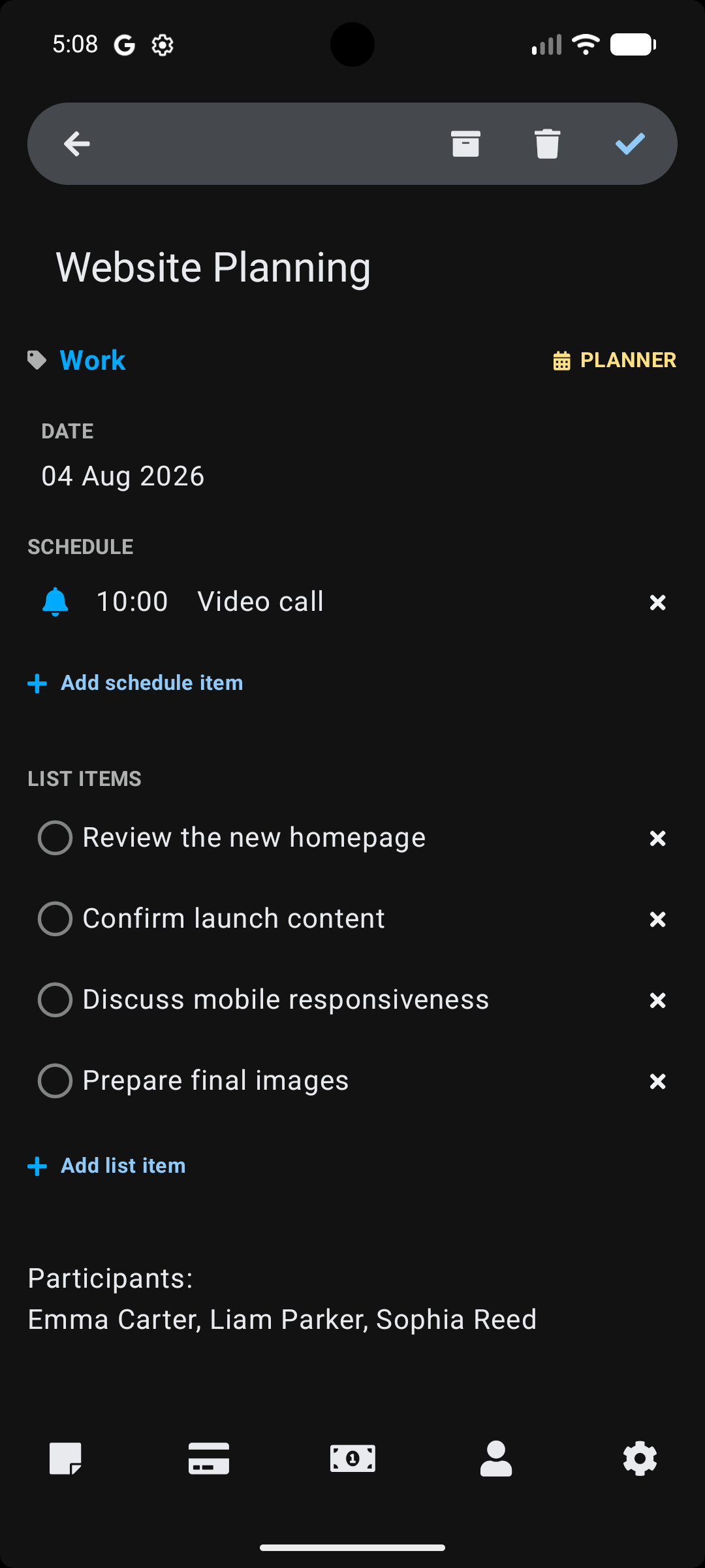 Stowlet planner items screen