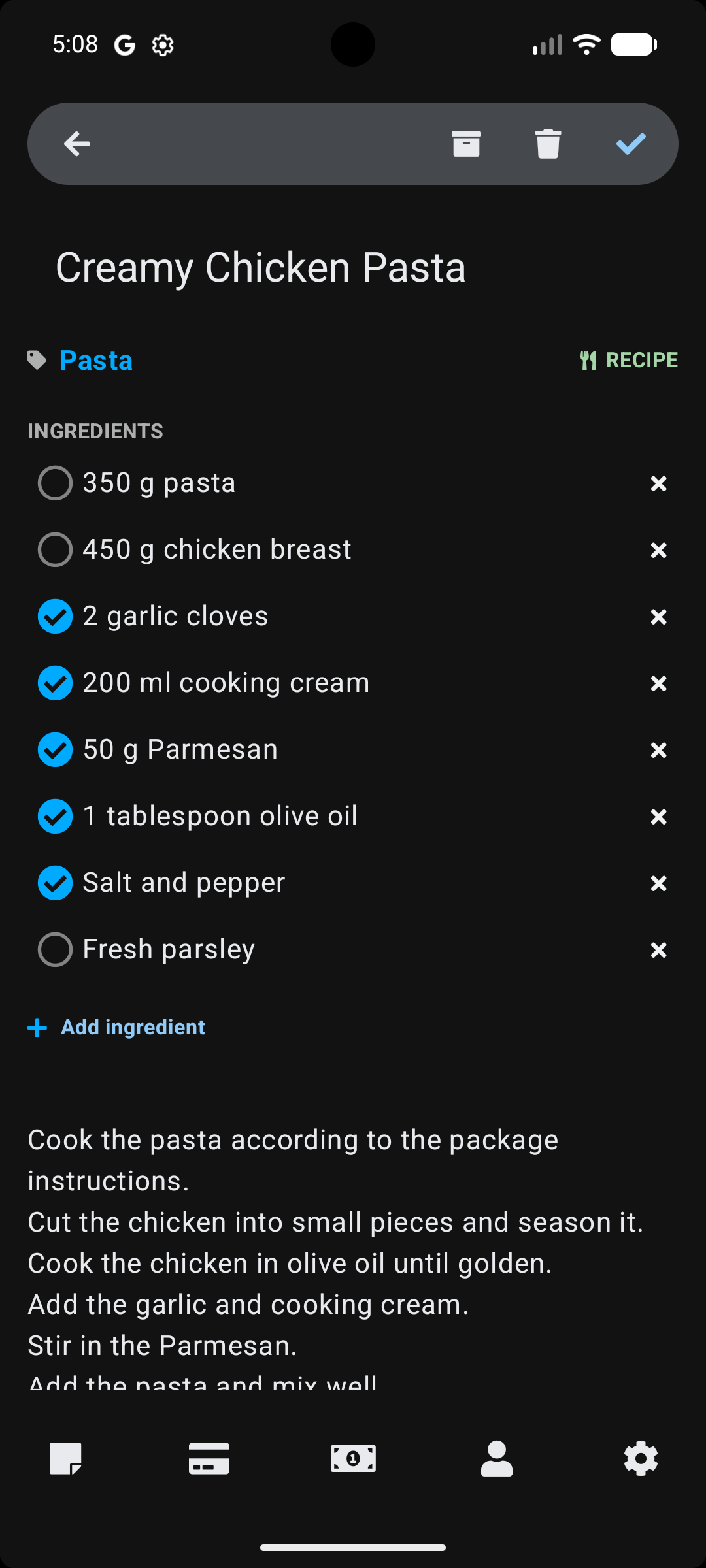 Stowlet recipe items screen