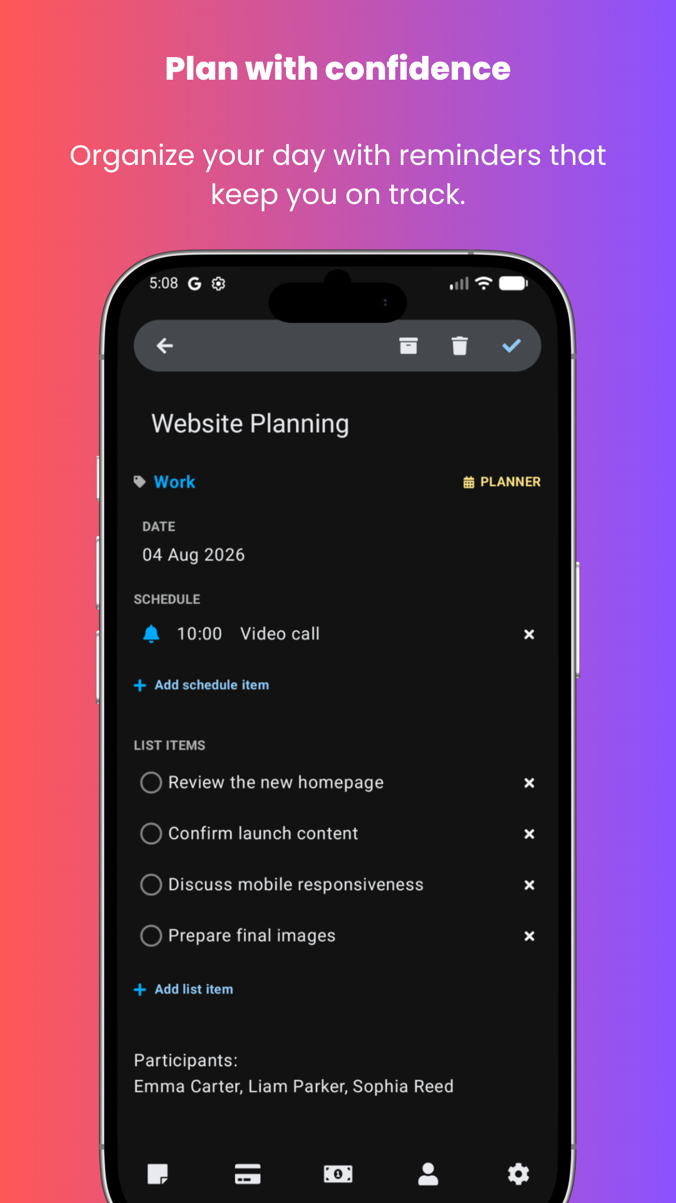 Stowlet list screen for organizing useful items